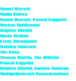  Noemi Wyrsch Nadia Deluca Noemi Wyrsch, Pascal Kappeler Markus Schürmann Brigitte Büchel Maria Stalder Fredy Bernasconi Sabrina Ventrone Tim Cesa Thomas Mathis, Tim Blättler Pascal Kappeler Brigitte Büchel, Daniela Schorno Wahlpflichtfach Hauswirtschaft 